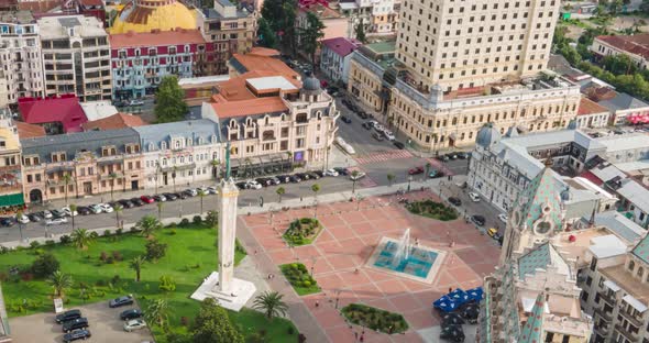 Aerial hyperlapse of Europe Square and Medea Statue in the center of Batumi alt