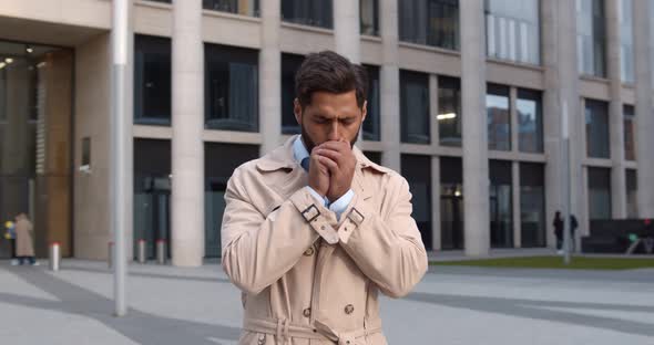 Sick Young Businessman Cough Outdoors Downtown alt