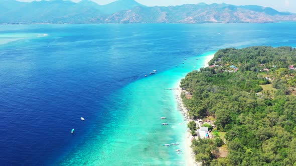 Aerial above landscape of perfect shore beach wildlife by blue sea with white sandy background of a  alt