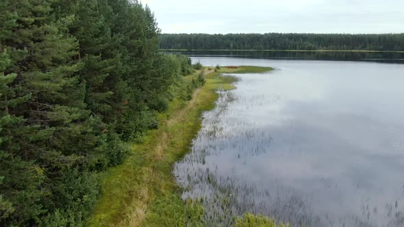 Flight Over the Taiga Forest Lake