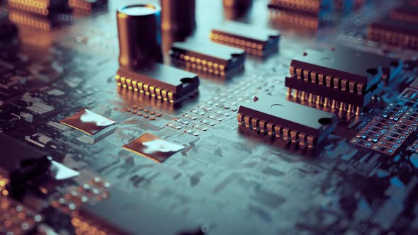 PCB or printed circuit board with microchips and capacitors. Loopable video. 4k alt