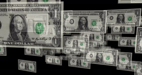 Dollar one banknote – flying between transparent money alt