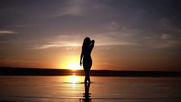 Silhouette of a Slender Girl Walking on the Water Do the Stains on the Surface alt