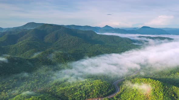 Beautiful aerial view sea of fog in the morning forest mountain and road.