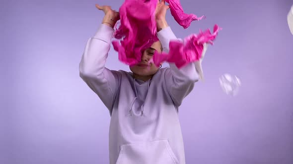 Young Woman Generation Z Covering From Falling Plastic Litter Isolated alt