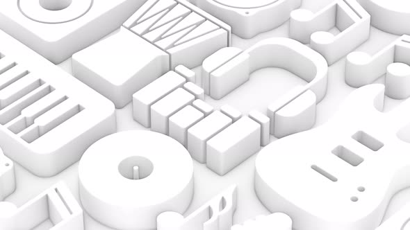 Soft abstract music background with slowly moving 3d icons of guitar, keys, etc