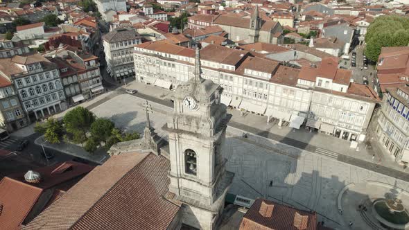 St. Peter's Basilica and Largo do Toural public square, Guimaraes, Portugal. Aerial view