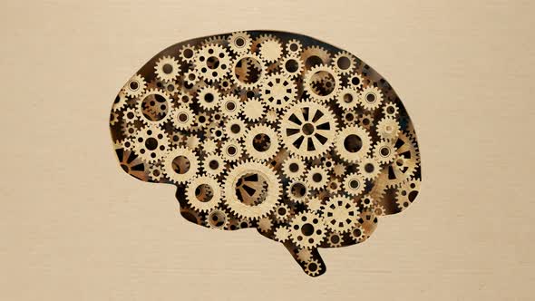 Technology concept of human brain created with colorful spinning wooden gears. alt