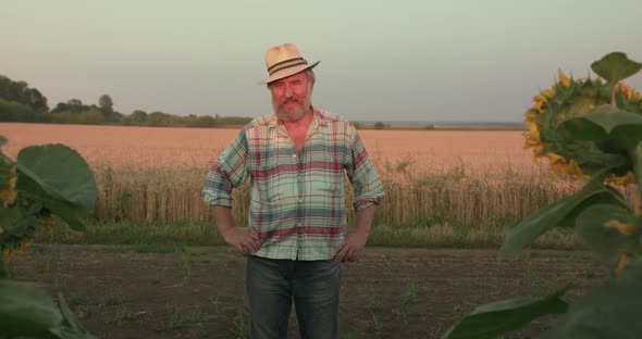 Portrait of Handsome Senior Farmer in Hat Smiling at Camera in Sunny Field alt
