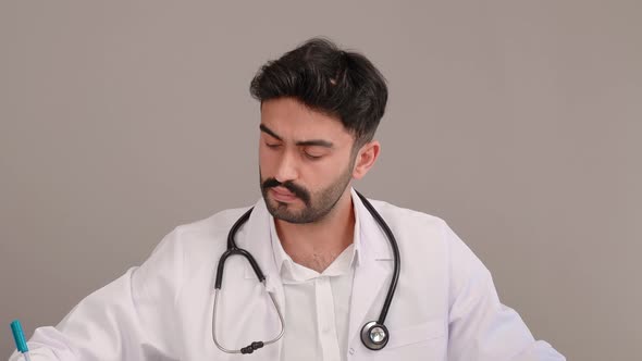 The doctor focused on the screen. alt