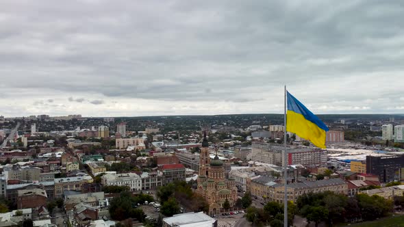 Flag of Ukraine, Cathedral Kharkiv city aerial