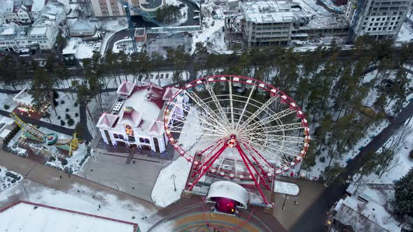 Wintery Central Park, Ferris wheel, aerial Kharkiv