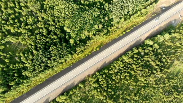 Aerial Stable Shot Over a Country Road with Single Car Driving Between Forest