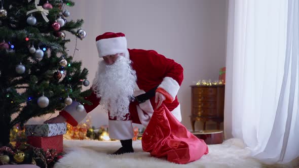 Santa Clause Putting Wrapped Presents Under Christmas Tree in Living Room Indoors alt