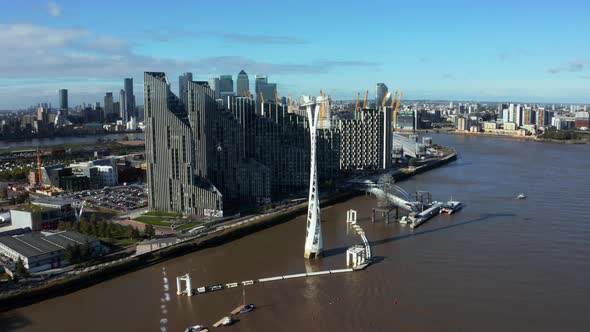 Aerial View of Emirates Air Line Cable Cars in London alt