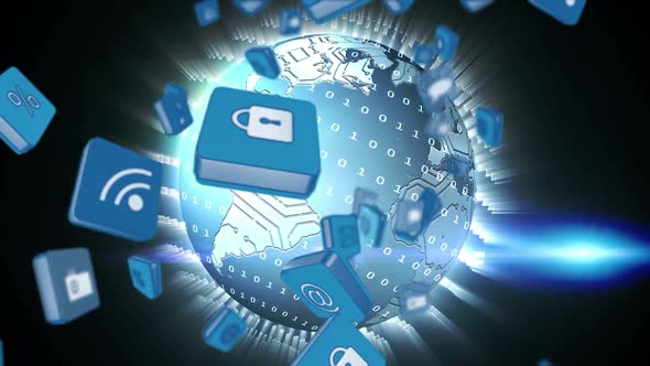 Online and application icons in squares and a globe alt