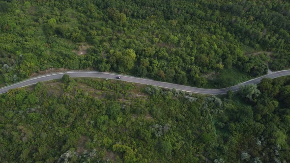 Aerial View Over Forest with a Road Going Through with Car alt