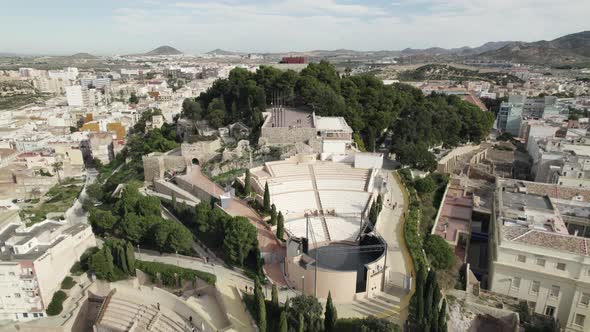 Torres Park auditorium next to ancient Roman amphitheater, Cartagena; drone