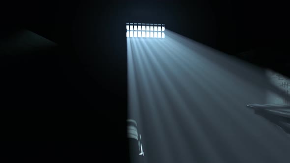 Dark old cell interior with barred up window. Sun rays coming through the fog. alt