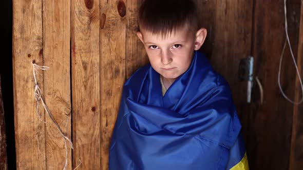 Ukrainian small child stands outdoors supporting homeland, little kid covered in national flag 