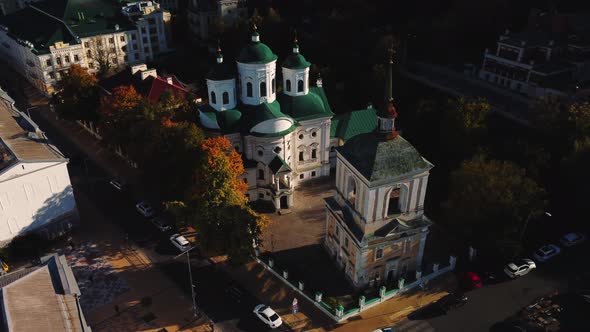 Aerial view of Pokvska Church located in historical part of Kyiv - Podil