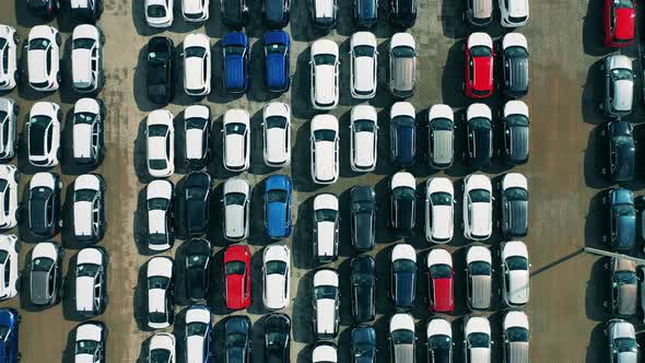 New Cars at a Car Parking Lot. Aerial View. alt