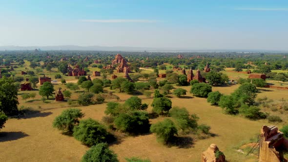 Bagan Myanmar Hot Air Balloon During Sunrise Above Temples and Pagodas of Bagan Myanmar Sunrise alt