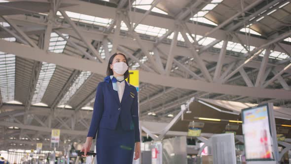 Cabin crew or air hostess wearing face mask walking in airport terminal to the airplane due to Covid alt
