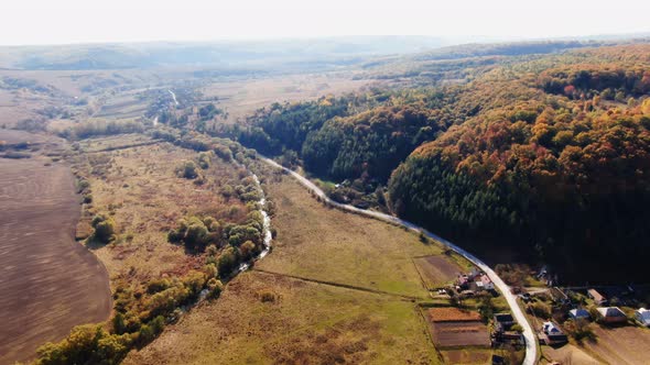 Drone Flight Over Fall Village