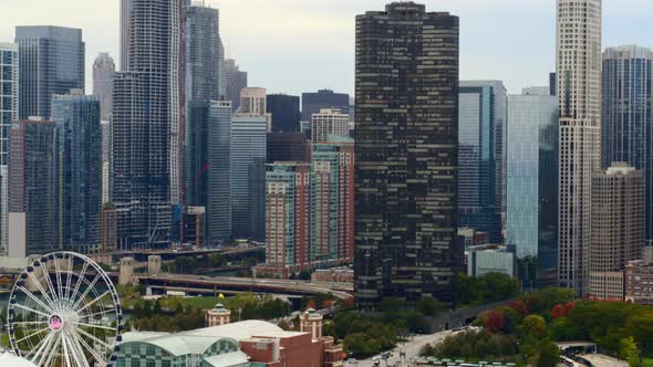 Aerial view of Navy Pier and skyscrapers in Chicago city alt