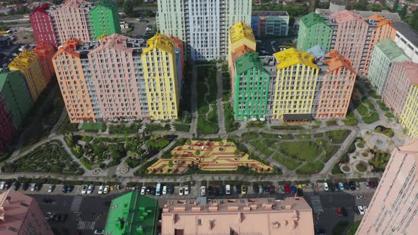 Top view of the colorful modern buildings, aerial footage from the drone  alt