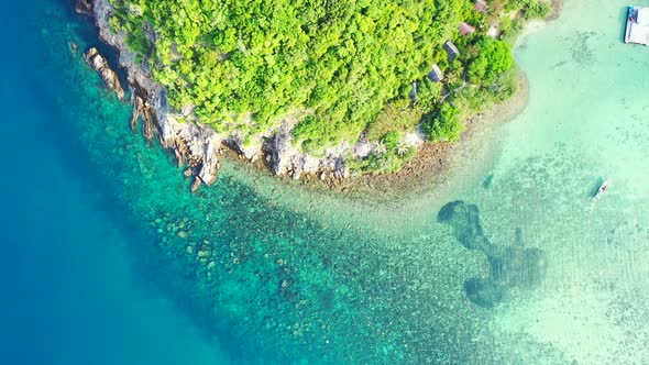 Rocky shore. waterside hill with exotic vegetation. aerial alt