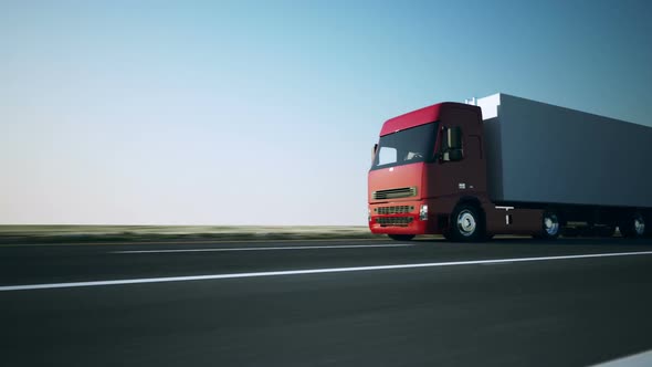 Truck with a trailer on the international highway. Closeup animation. HD alt