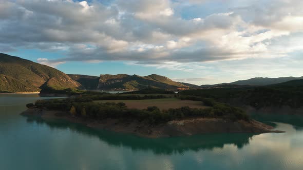 Aerial View of the Embalse De Mediano Reservoir During Sunset, Spain in the Fall