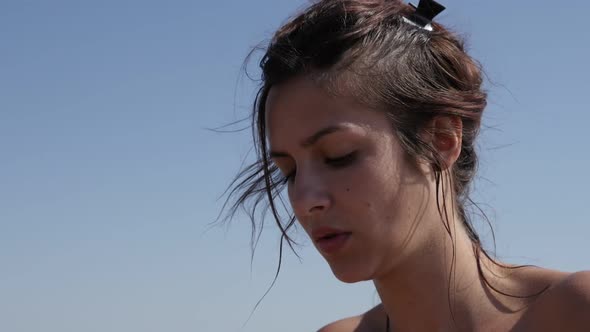 Slow motion attractive  female enjoying sun and weather 1920X1080 HD footage - Young Caucasian brune alt