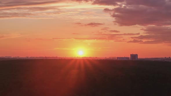 Timelapse of a sunset over a forest and a city with buildings, a summer evening over a park