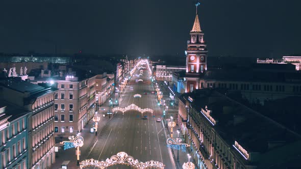 Night view of Nevsky Prospect during winter holidays. Winter 2021 Saint Petersburg Russia