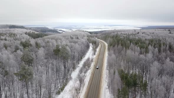 Car On The Winter Forest Road