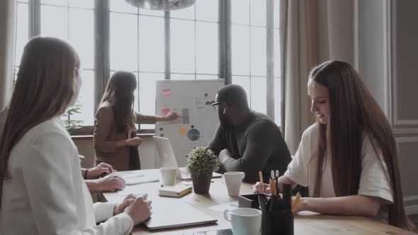 Team of Young Colleagues Conducting a Business Presentation Using Flipchart While Working in the alt