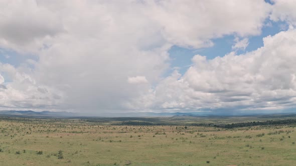 African savanna and plains landscape in Laikipia, Kenya. Aerial drone right to left alt