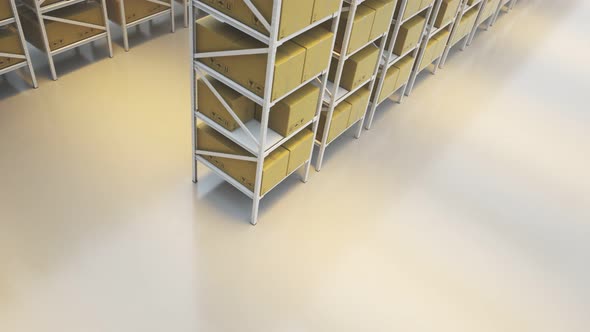 Warehouse industry autonomic robots carrying metal shelves with cardboard boxes. alt