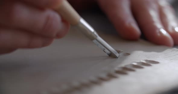 Close Up View Potter Carves a Pattern on a Raw Clay Ceramist Makes Texured Clay Surface Making the