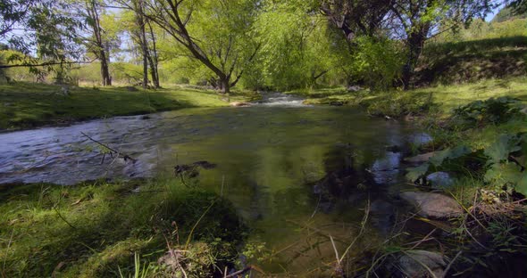 Pristine, pure water river Minas, Open view low level slow slide. Patagonia Argentina alt
