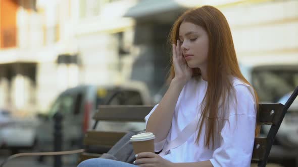 Sleepy Girl Drinking Coffee to Wake Up, Lack of Energy at Morning, Caffeine alt