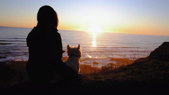 Woman and dog watching the sunset in silhouette and playing