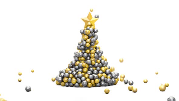 Christmas Tree Made Of Golden And Silver Christmas Toys