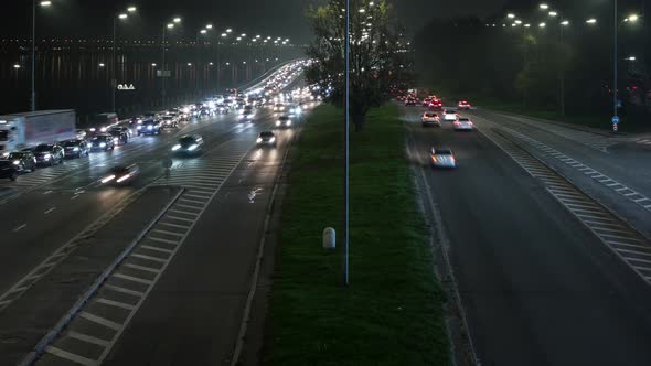 Night Traffic On A Big Road With A Bridge, Time Lapse, Traffic, Many Cars