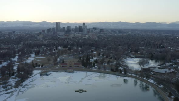 Denver Colorado Buildings Rocky Mountains Sunset Aerial Shot alt