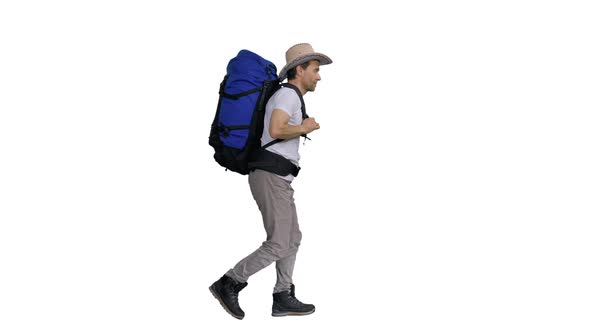 Traveller in Cowboy Hat with Rucksack Walking on the Road, Alpha Channel Included