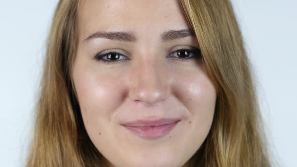 Close Up Of Face Of Beautiful White Girl Smiling , White background alt